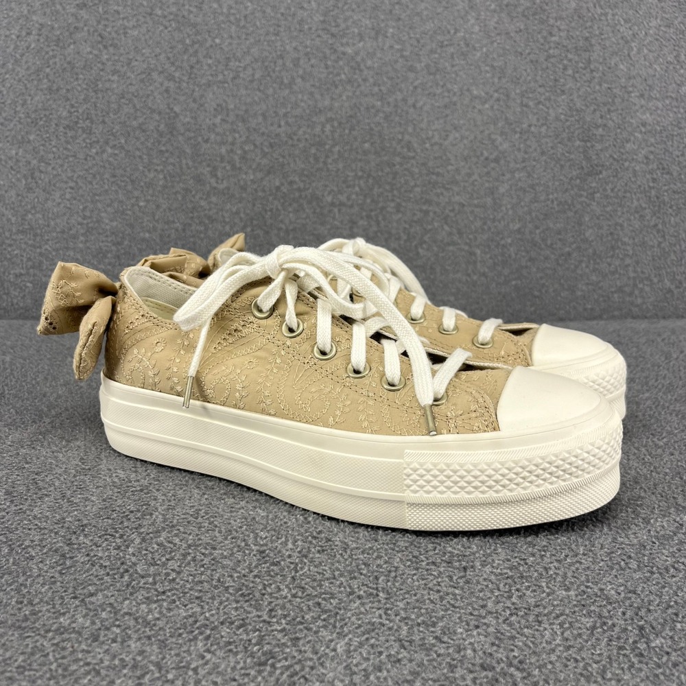 Converse All Star Platform Women 8 Beige Eyelet Embroidery Bow Low Top Sneakers